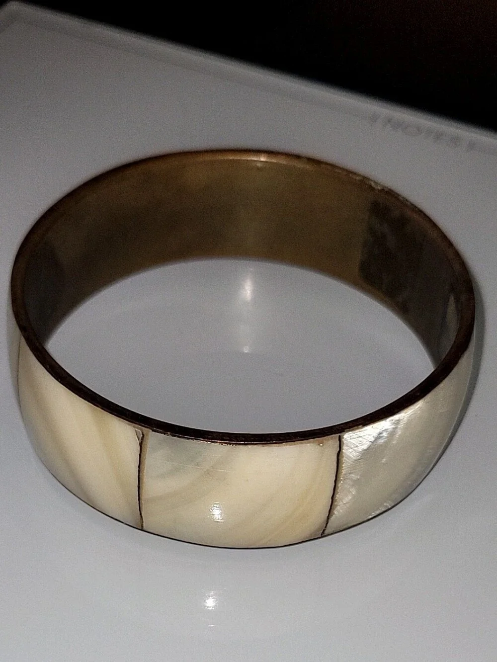 Vintage Handmade Brass Mother of Pearl Wide Bangle Bracelet 7.5